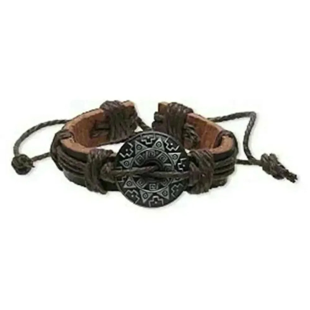 Artisan Brown Black Aztec Tribal Sun Leather Silver Pewter Adjustable Bracelet